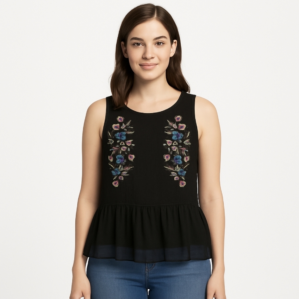 Est 1946 Black Sheer Embroidered Floral Womens Tank Sz Lg